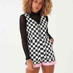 LAZY OAF | Checkered Short Jumpsuit Overalls Pink Trim | XS